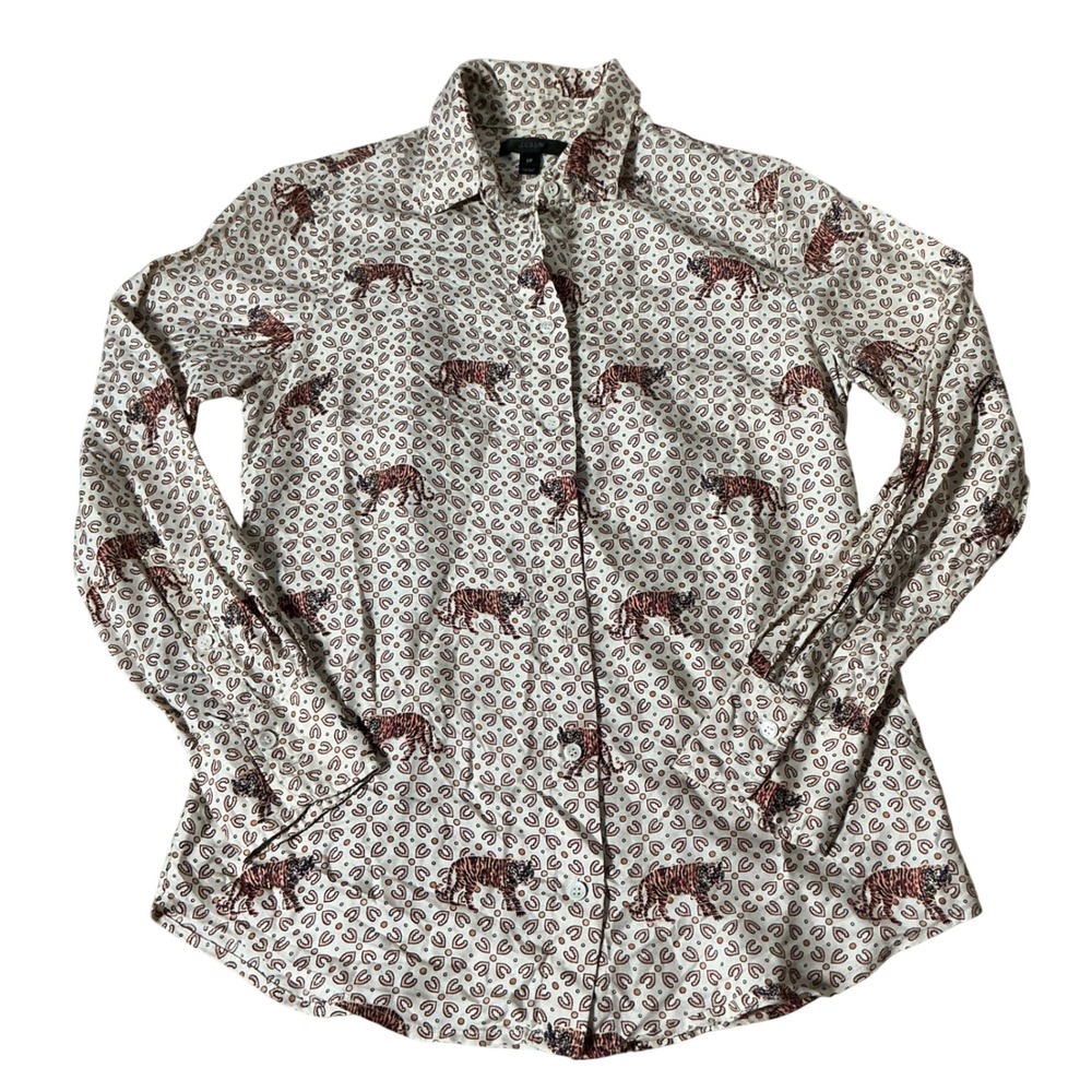 J.Crew Tiger Horseshoe Print Silk Button Down Shirt Womens 0P Cream Academic